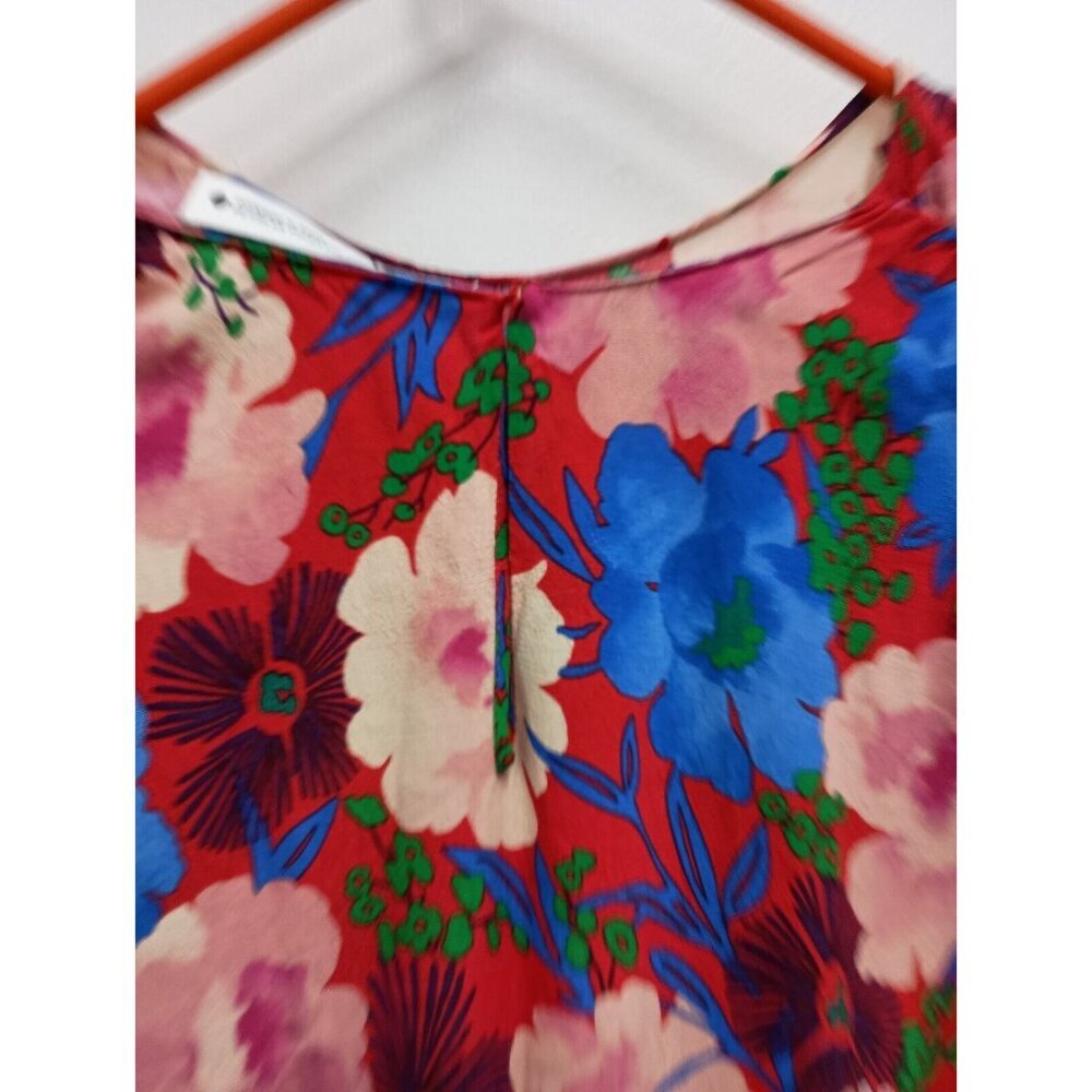 Zara Womens Blouse XS Red Blue Floral Drape Long Sleeve Crew Neck Pullover Top - Picture 10 of 10